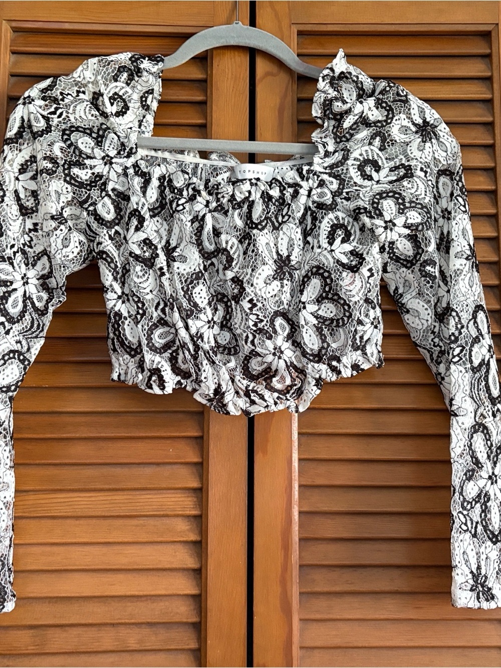 Topshop Black and White Floral Smocked Crop Blouse